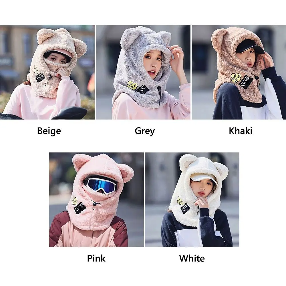 New Soft Fleece Mask Neck One Piece Hat 3 in 1 Cartoon Skiing Motorcycle Earmuffs Hat Velvet Warm Winter Cycling Cap