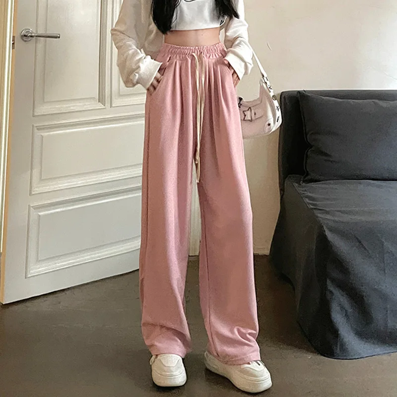 Women Cutecore Pink Casual Sweatpants Lady Wide Leg Concise Sports Style Trousers Female Daily High Waisted Korean Version Pants