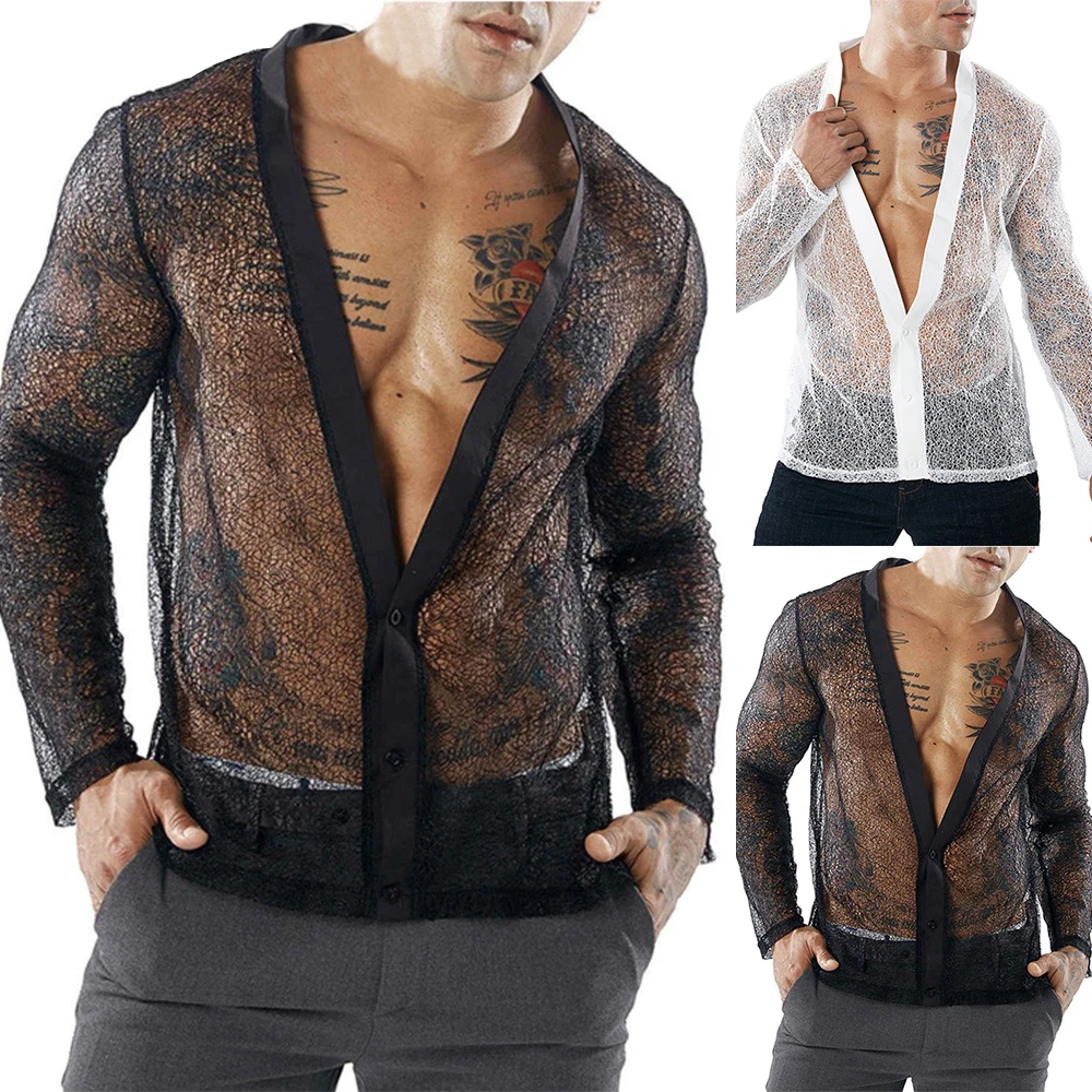 Comfortable Shirts Transparent Cardigan Casual Deep V-neck Fashion Long Sleeve Long-sleeved Men Mesh See Through