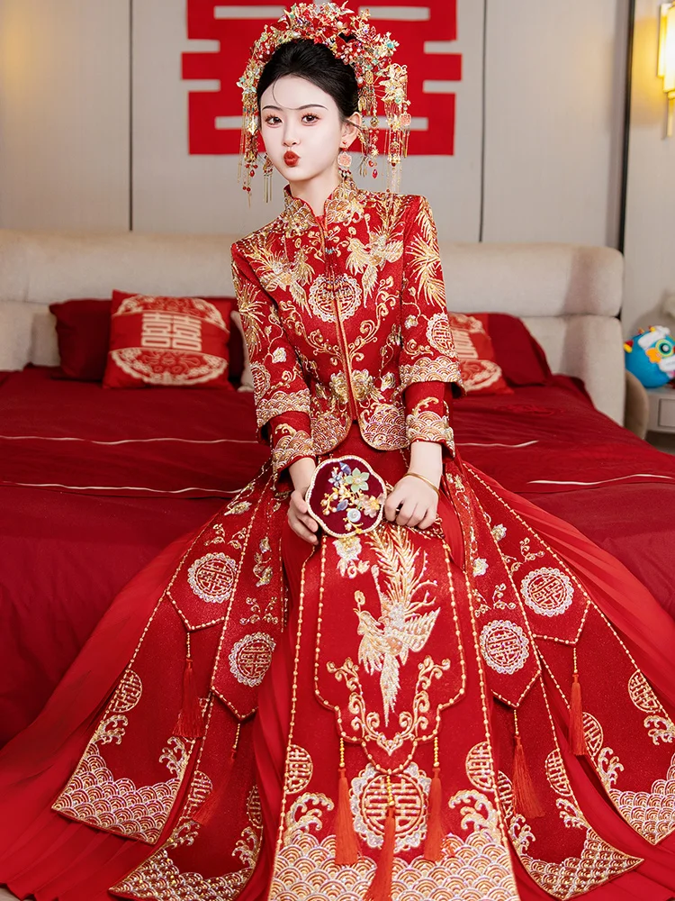 

New 2025 Wedding Dr XiuHuo Wedding Gown for ort Brides Large Size Bride Clothes Feng Long Phoenix Sweater Qipao Sle