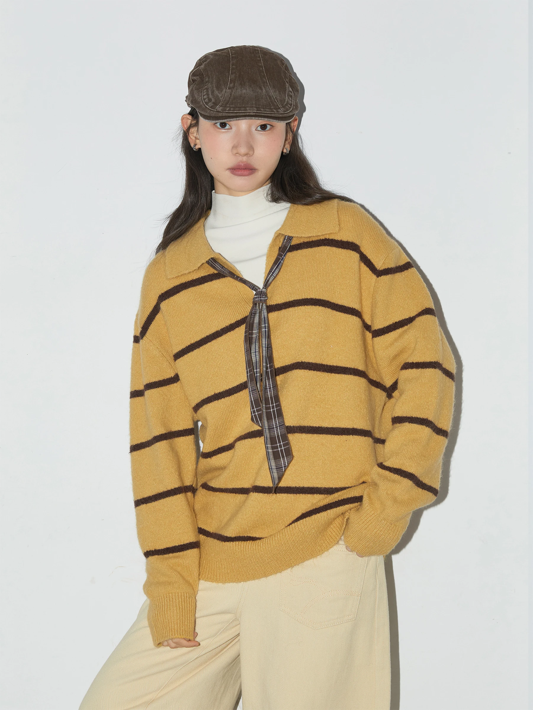

Simple V-Ne Color Blo Striped Sweater Woolen Scarf Casual Loose Fit Women's Faion Autumn Winter Online Exclusive
