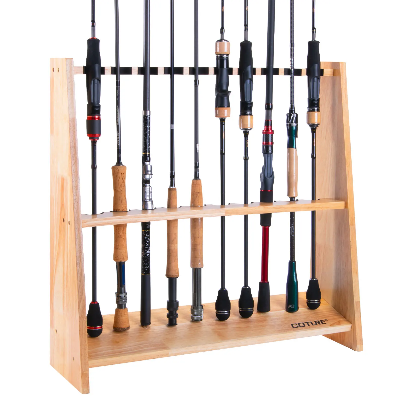 

Goture Fishing Rod Holder Wooden Easy To Assemble Fishing Rod Display Stand Store 10 Fishing Rod Combos Rack with Natural Solid