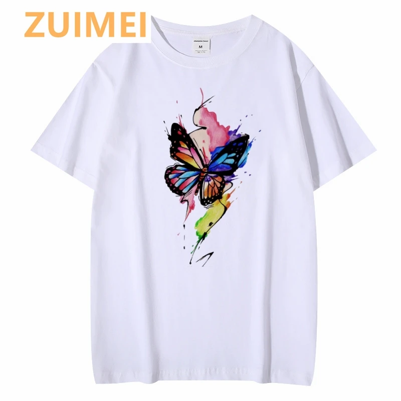 Aquarell Schmetterlinge Fahrrad Blumen druck grundlegende O-Kragen kurz ärmel ige Harajuku Top T-Shirt lässig Damen Frauen T-Shirt Mädchen