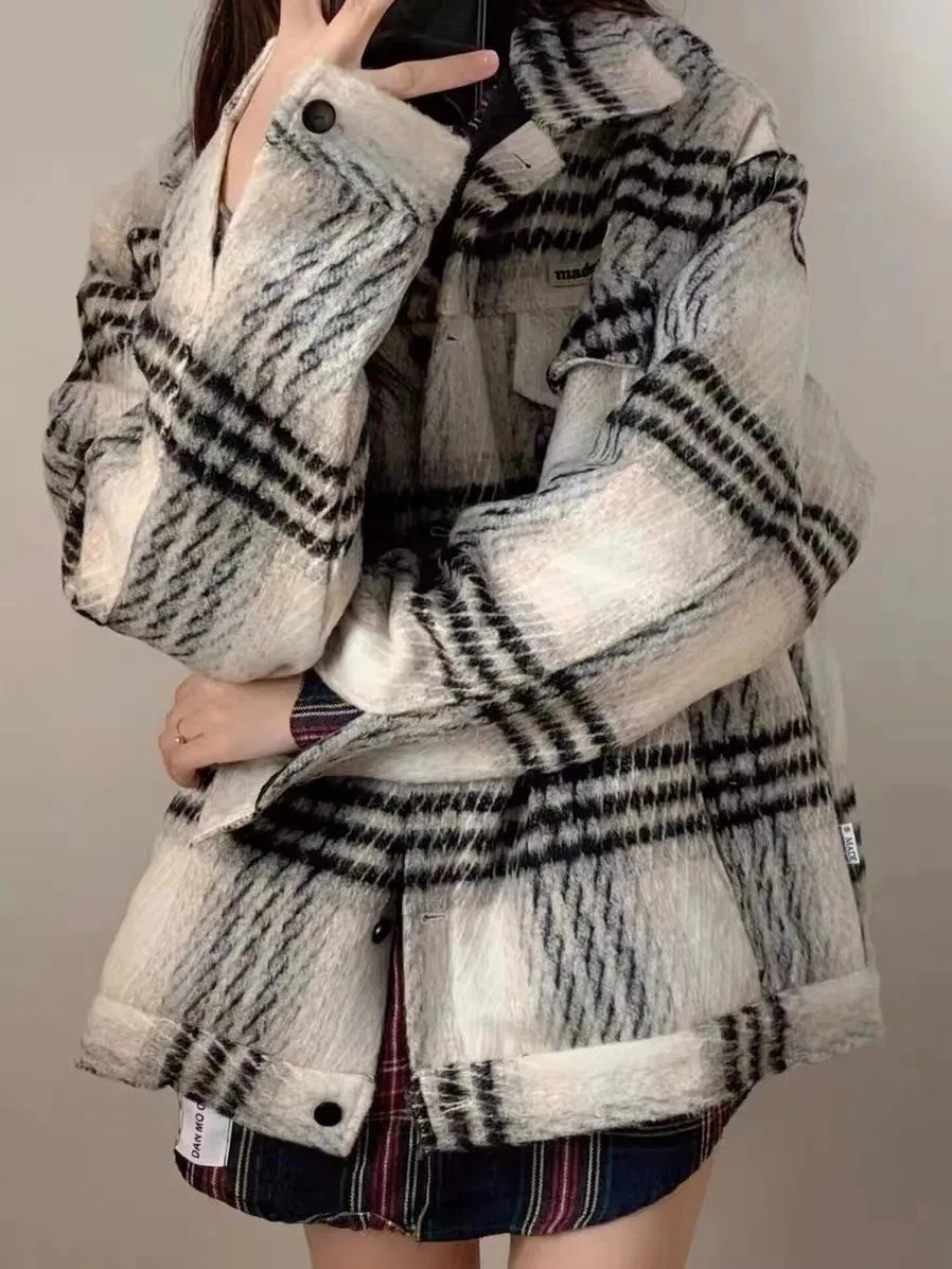 Woolen Coat For Women Small Stature Autumn And Winter High-end Sense Checkered Coat Popular Women's Hepburn Style Loose Jacket