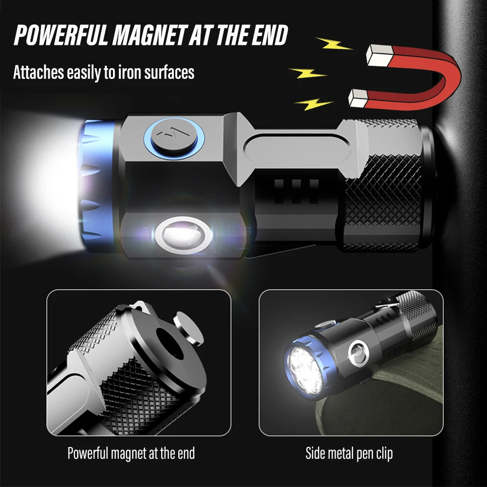 Mini Led Flashlight USB Rechargeable Torch Powerful Work Light with Side Light and Shade Camping Lantern with Tail Magnet