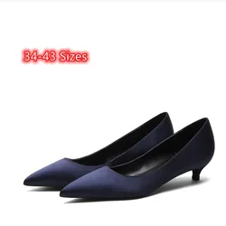 Lady High Quality Null Pumps Silk Statin Stilettos Royal Blue Champagne 3cm Low Heels Slip-On For Working Comfortable 34-43 25cm