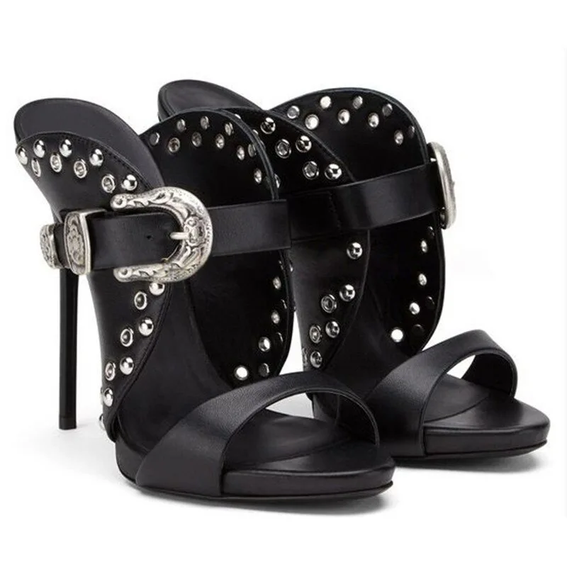 

Punk Style Metal Circles Belt Buckle Rivets Black Peep Toe Summer Women Slippers Stiletto High Heels Slip On Large Size Shoes
