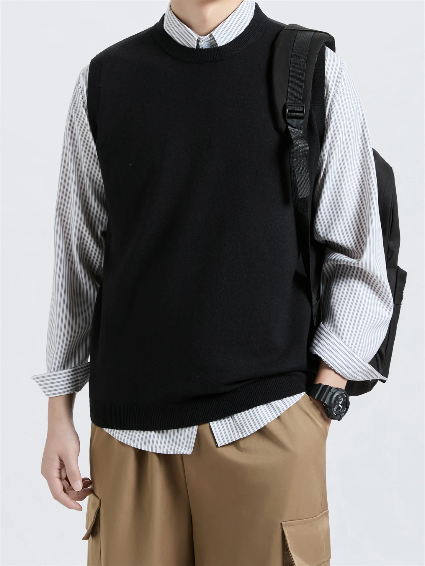 

Мужской вязаный жилет в корейском стиле, простой, круглый, без рукавов, в японском стиле, базовый, для многослойных образов, однотонный, вязаный жилет без рукавов