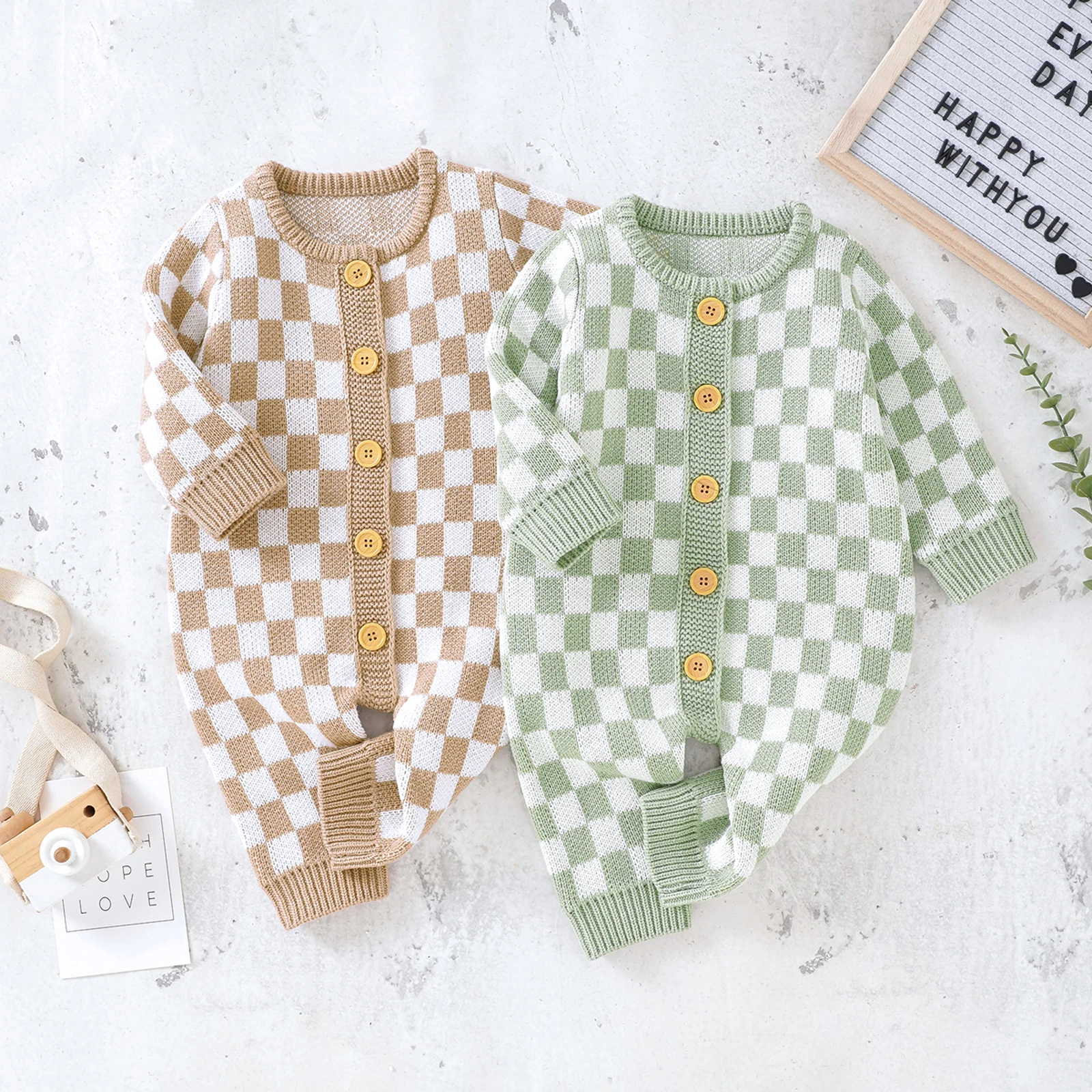 Infant Baby Girl Boy Knitted Sweater Romper Jumpsuit Checkerboard Plaid Print Long Sleeve Button Down Bodysuit Playsuits Clothes