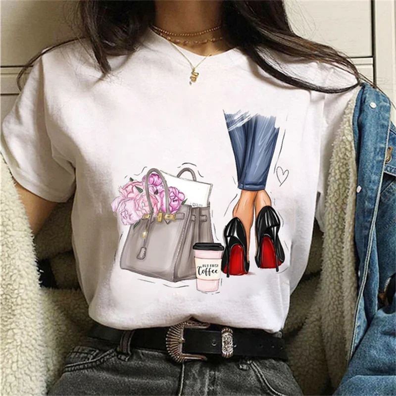 

High Heels Shoes Print Women TShirt Summer Funny 90s Hip Hop Punk Hipster Streetwear T-shirt Summer Sleeved Harajuku Streetwear