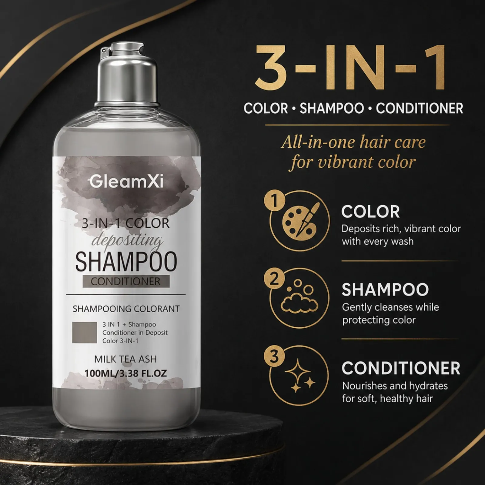 GleamXi 3 in 1 Hair Color Shampoo Milk Tea Ash Depositing Color Conditioning Natural Shine Volumizing Shine Booster Care 100ml