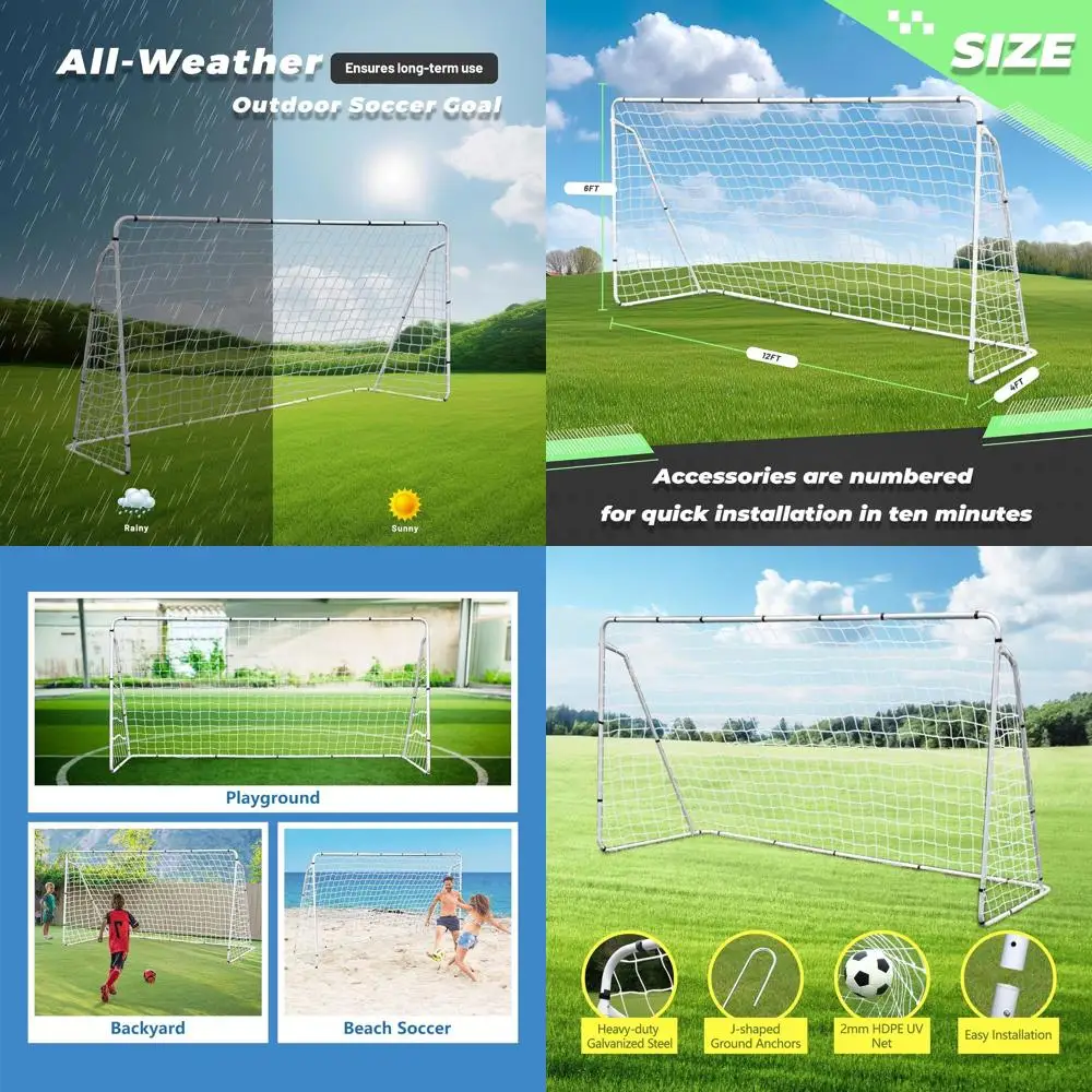 

Портативные футбольные ворота 12x6 футов для детей и взрослых, стальная рама с сумкой для переноски и водонепроницаемыми креплениями к земле