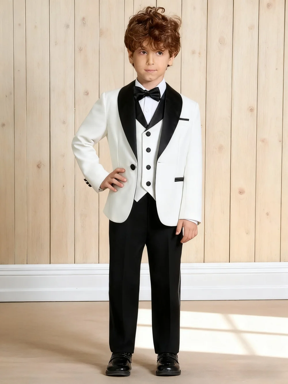 

Kids White Black Contrast Elegant Slim Fit 4PCS Tuxedo Suit Set For Christmas New Year Formal Occasion Wedding Prom Blazer Vest