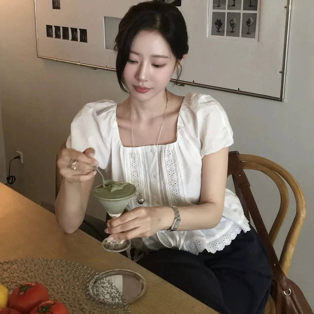 

Sweet Bubble Sleeve Shirt Dongda Gate Rave High Sensitivity Cotton Retro Square Collar Short Sleeve Women's Fashion Summer Top