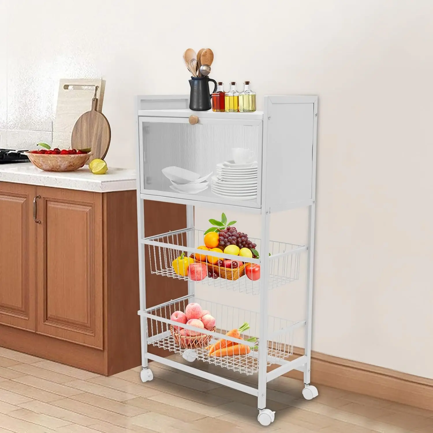 Bakers Rack For Kitchen With Storage, 4 Tier Kitchen Organizer Shelf For Vegetables, Fruits, Small Rice Cookers (White)