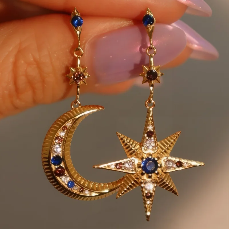 Modische Asymmetrische Stern-Mond Glänzende Anhänger-Ohrringe für Frauen Lange Quasten Eleganter Personalisierter Jubiläums- und Festtags-Schmuck