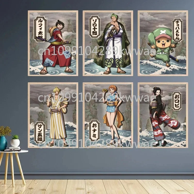 

Anime Straw Hat One Piece Retro Art Poster, Luffy, Zoro, Sanji, Suitable for Home Bedroom Cafe Wall Decoration Canvas Painting