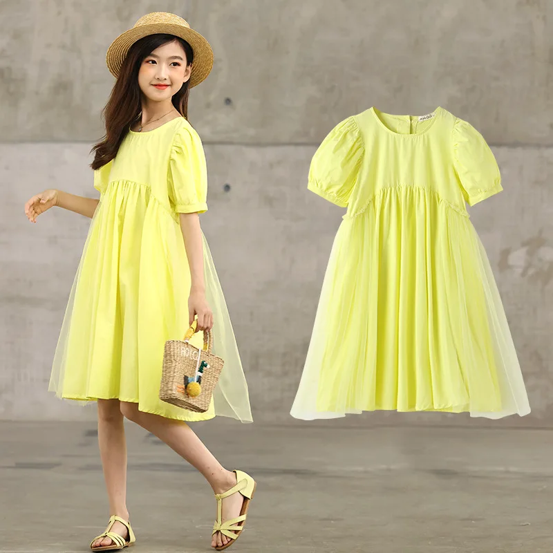 

2024 Korean Summer Children Girl One-piece Dress Junior Girl Bubble Sleeve Gauze Dress Teenager Girl Prom Princess Dress