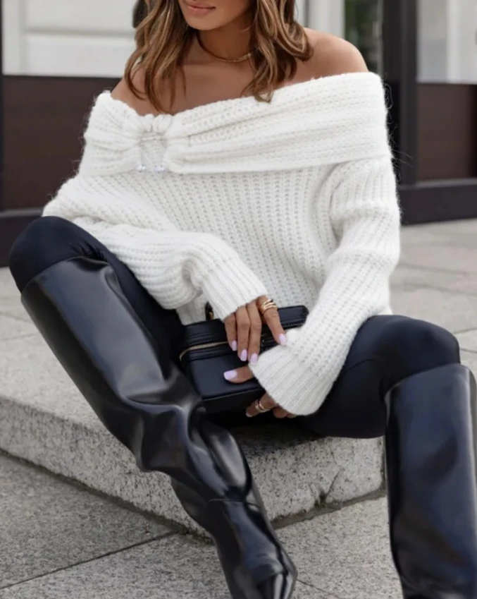 Fashion sweters woman chompas de hilos para mujer Off Shoulder Ruched Over Sized Knit Sexy Sweater womens jumper