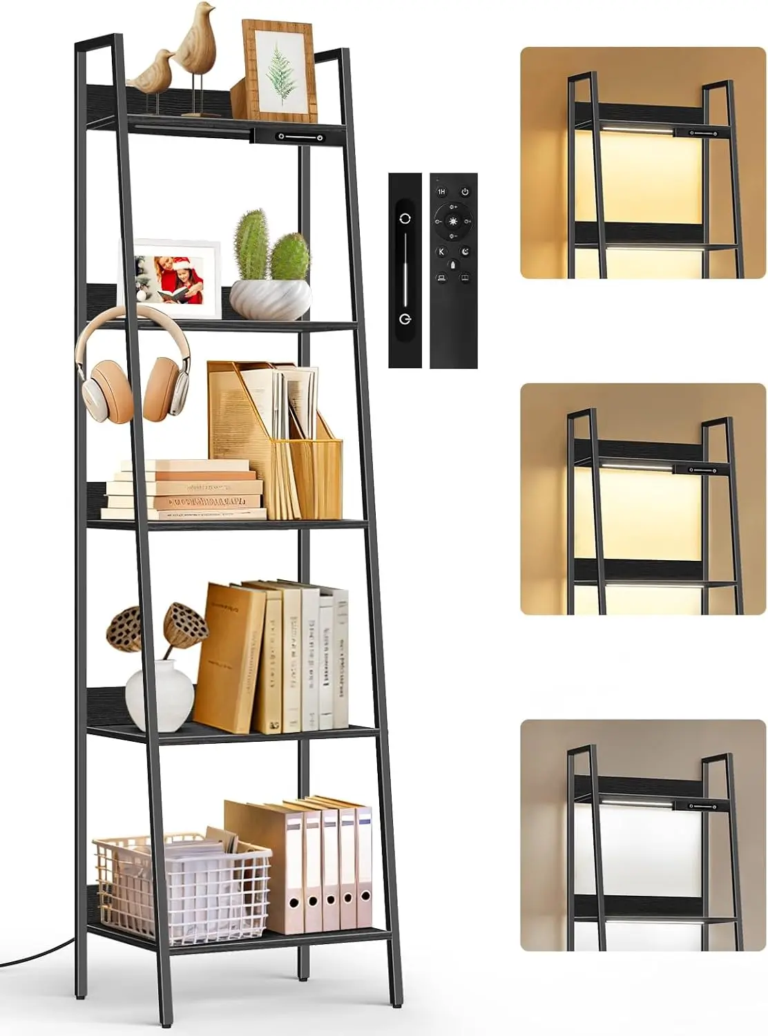 5-Tier Small Ladder Shelf with LED Lights, Touch & Remote Control, 3 Color Temperatures, Dimmable Tall Corner Standing B