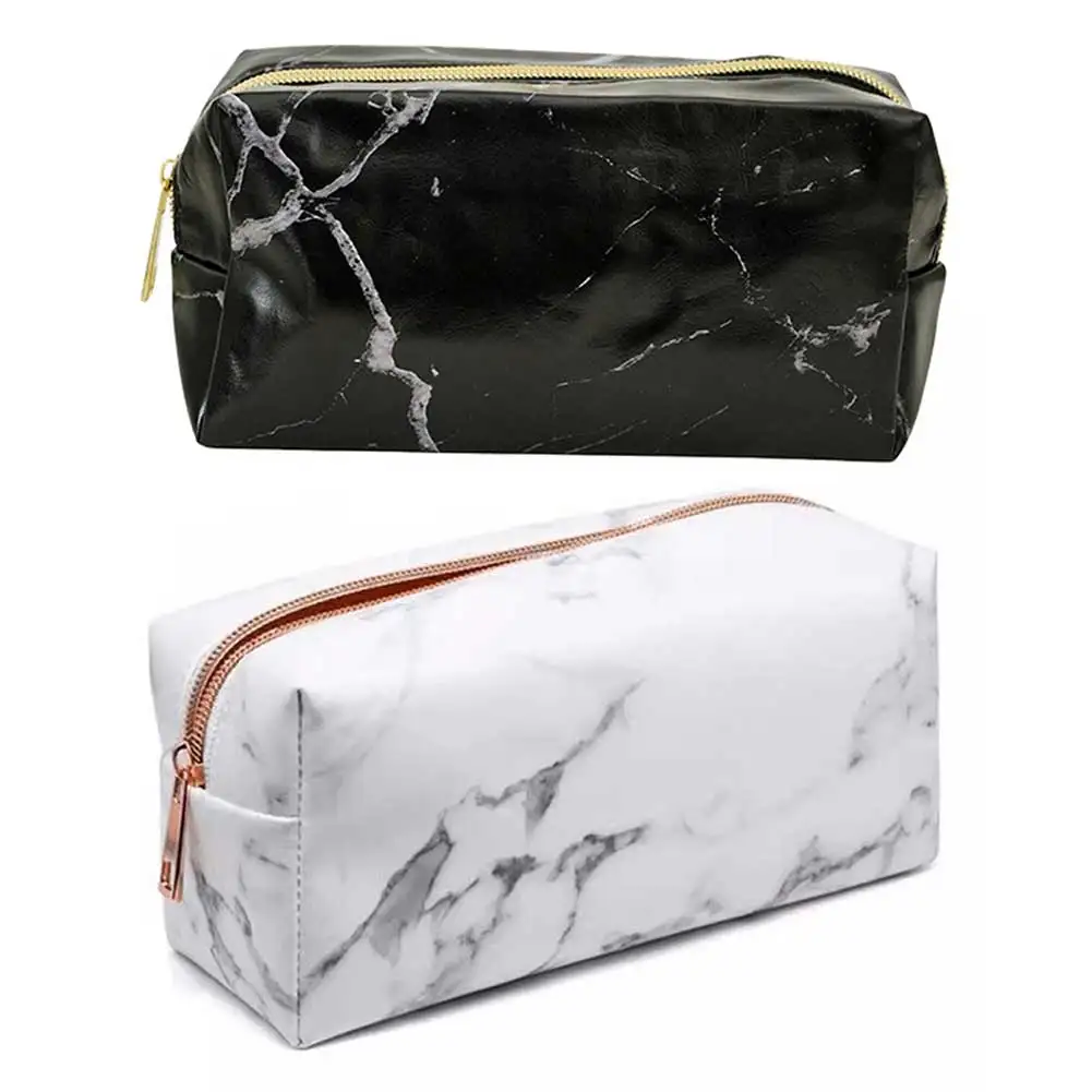 PU Leather Office School Students Pen Box Large Capacity Marble Portable Makeup Storage Bag with Zipper for Women Girls