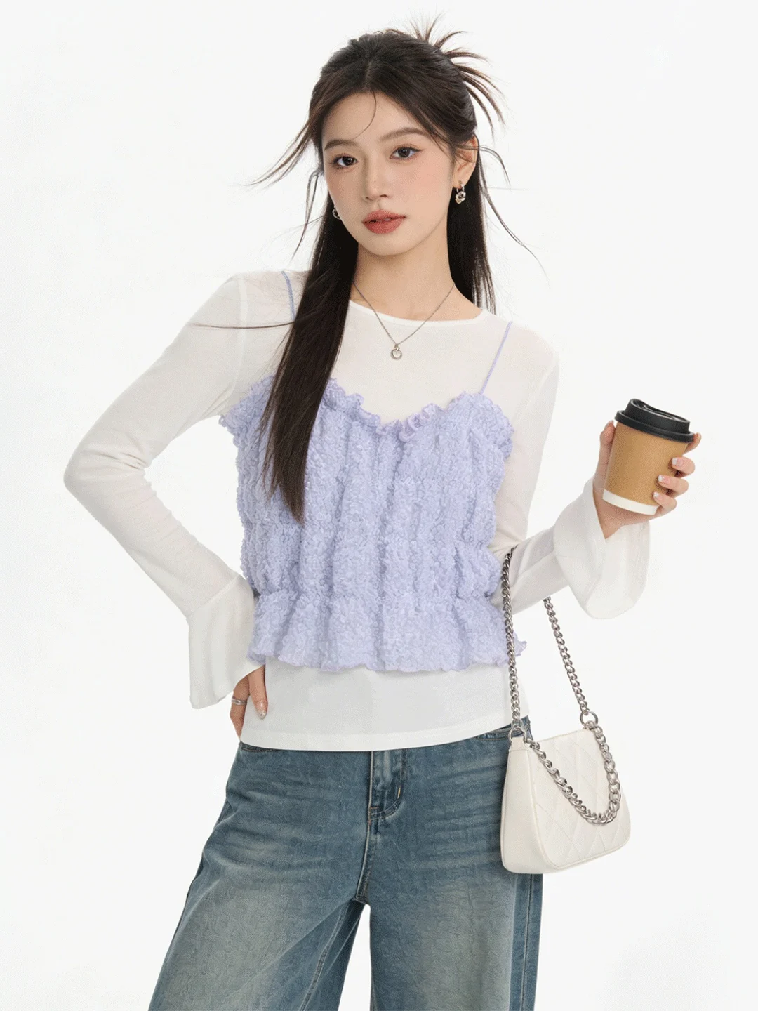 

Chic Pleated Design Strap Vest Sli Flared Sve T-irt Early Spring Layering Two-Piece Set New 2026 Women's Faion