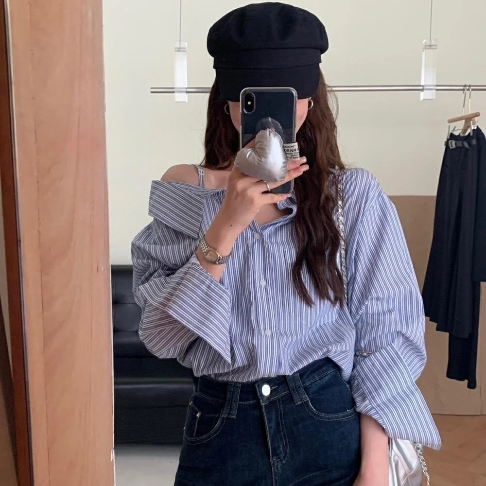 Diseño elegante primavera principios de mujer irt oulder Bared largo Sve rayas corte suelto Casual versátil Sle abotonada Ne