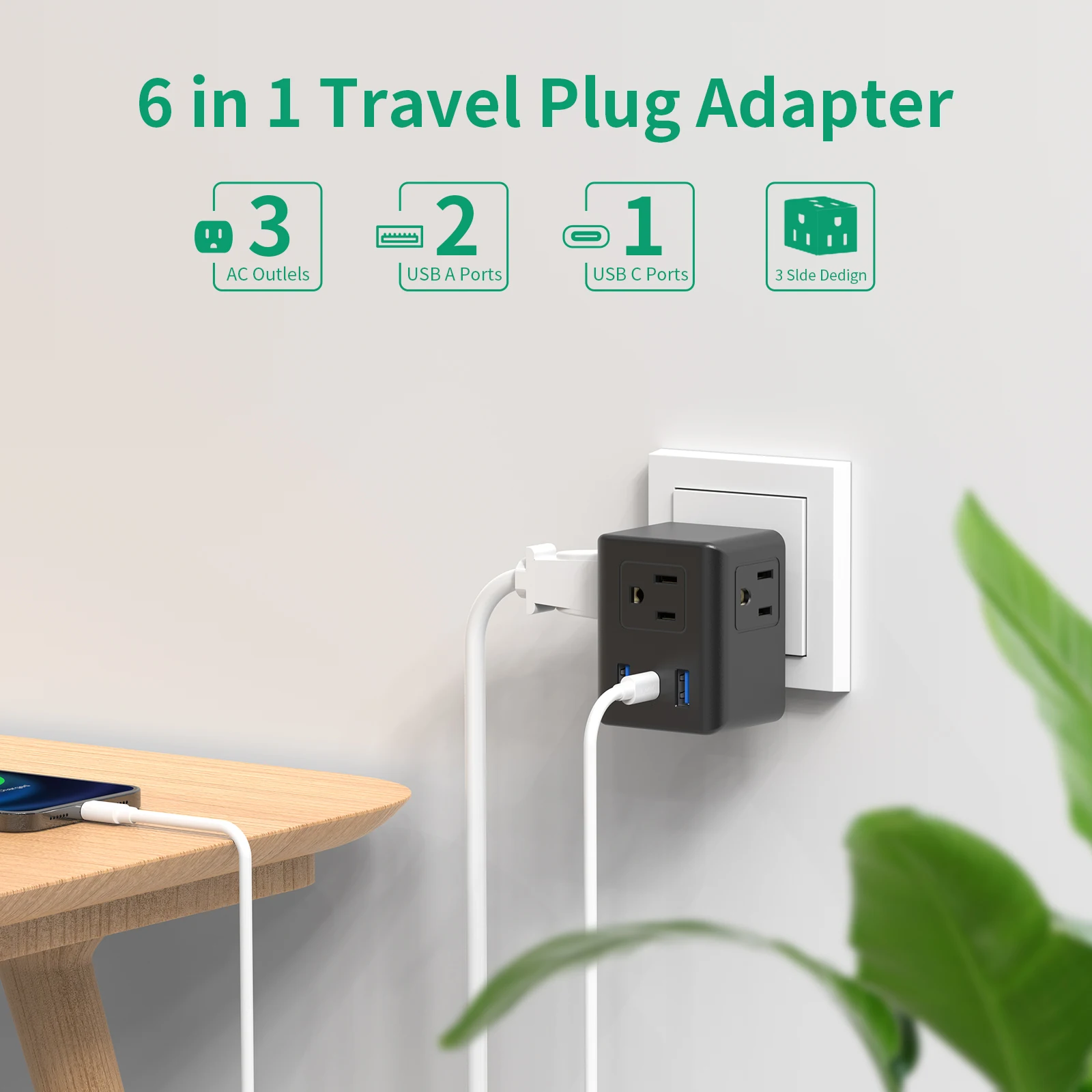 Multi-plug Socket extender - USB wall charger with 3 USB ports (1 USB C), no surge protector