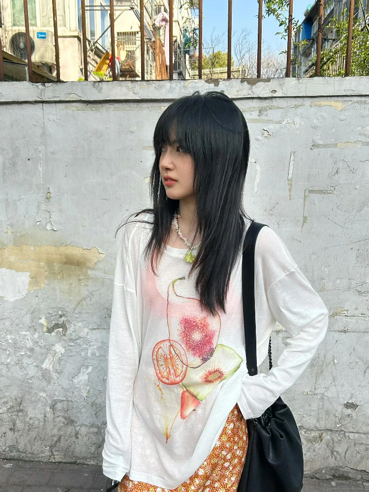 Camiseta larga de algodón puro para mujer, camiseta informal redonda Ne, suave, cómoda, transpirable, con estampado de frutas, capa Base estampada