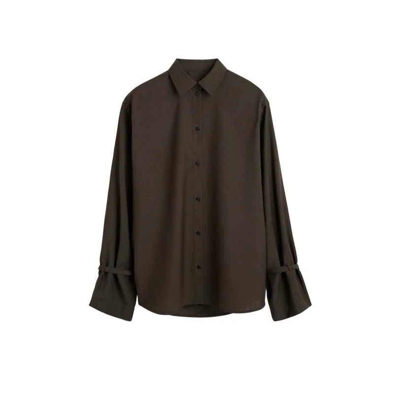 

Women's loose-fitting long-sleeved shirt, 2026 early spring new style, simple tie-cuff casual top to pair with casual pants.