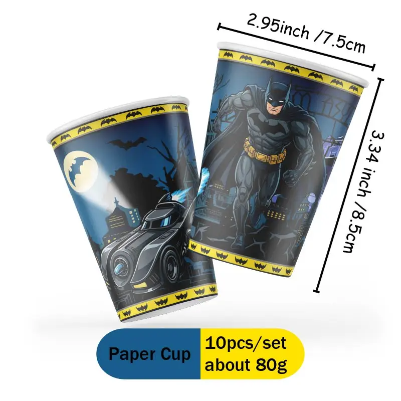 Warner Bros. Batman-Motto Pappteller, Becher, Wimpelkette, Aufkleber – Happy Birthday Party Deko Einweggeschirr-Set – Detail 17