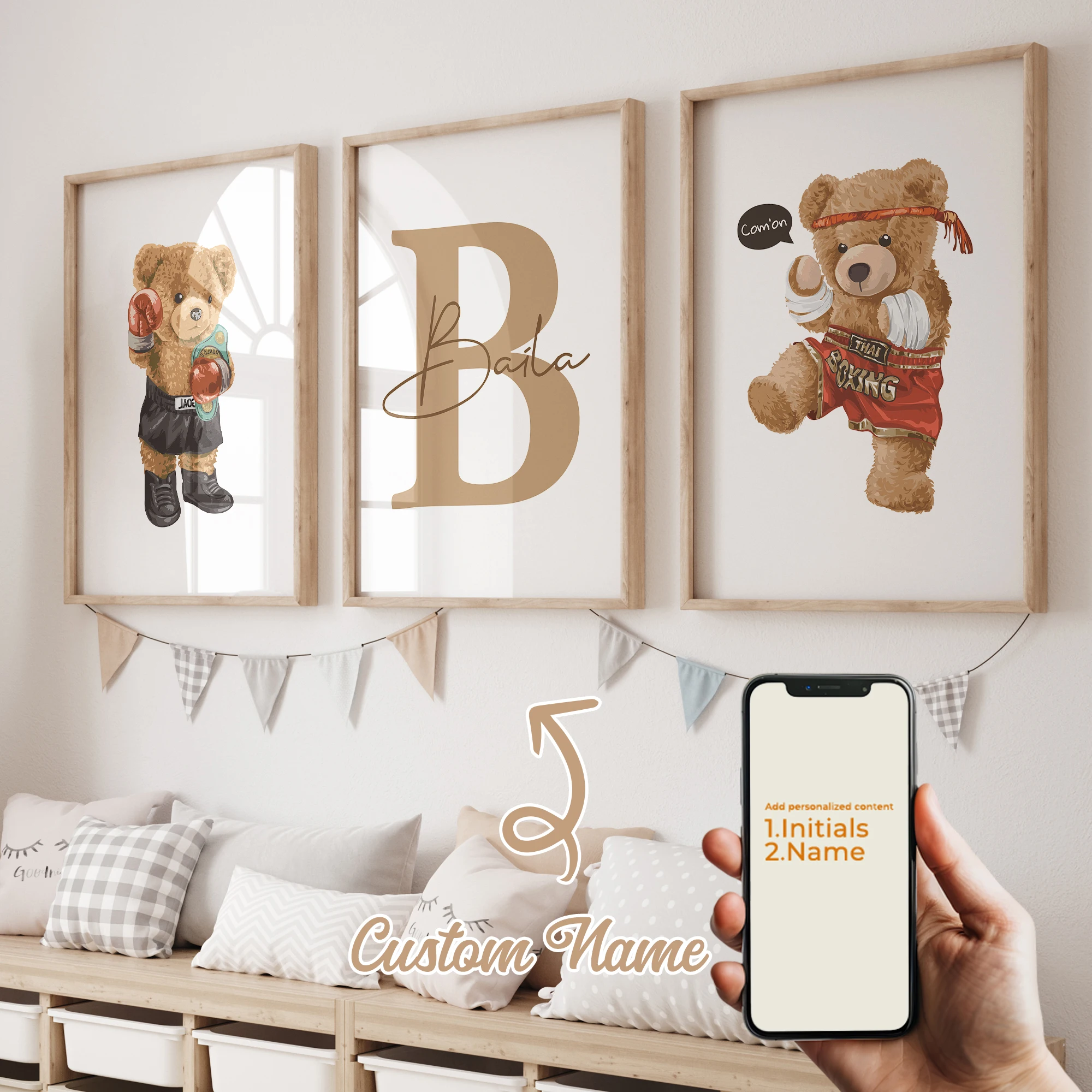 

3pcs Teddy Bear Boxing Name Customization Wall Art Prints Canvas Painting Poster Picture For Living Bed Room Home Decor