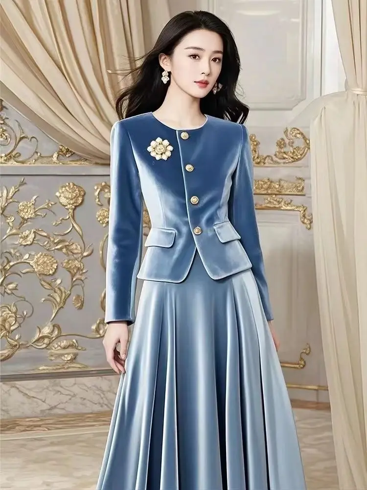 Vintage Elegante Blaue Samt Zwei Stück Set Frauen Herbst Winter Neue Französisch Stil Dünne Mantel Luxus Hohe Taille Halb Rock Set