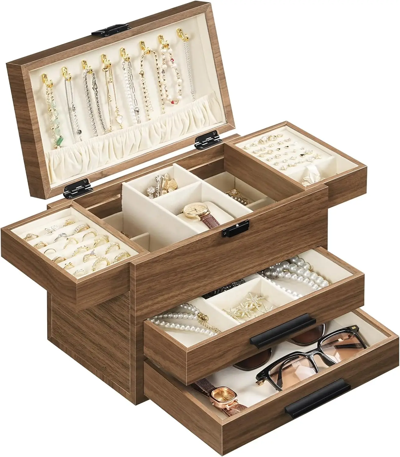 

Wooden Jewelry Box for Women Girls, 4-Layer Jewelry Organizer with Vertical Necklace Storage, Large Jewelry Holder Organizer