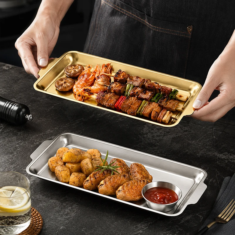 Korean Stainless Steel Thickened Barbecue Disc  Western Restaurant Fruit Cake Snacks Coffee Tray Rectangular Plate Tableware