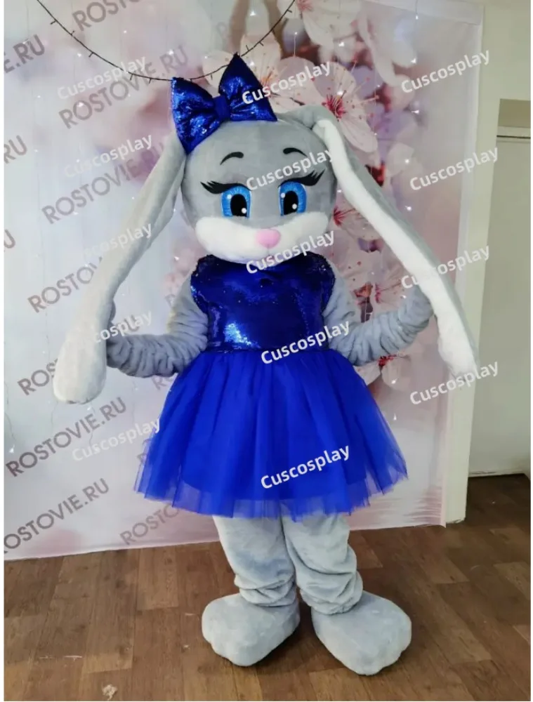 

Cute Grey Hare Rabbit Mascotte Fancy Cartoon Mascot Costume Plush Fancy BLUE Dress Mascot Costume