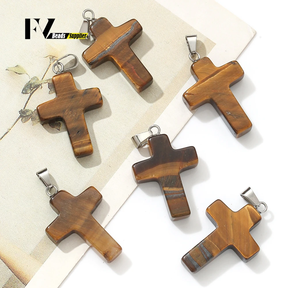 5pcs 18x25mm Natural Stone Series Pendant Yellow Tiger Eye Cross Pendant for Jewelry Making DIY Bracelet Necklace Accessories