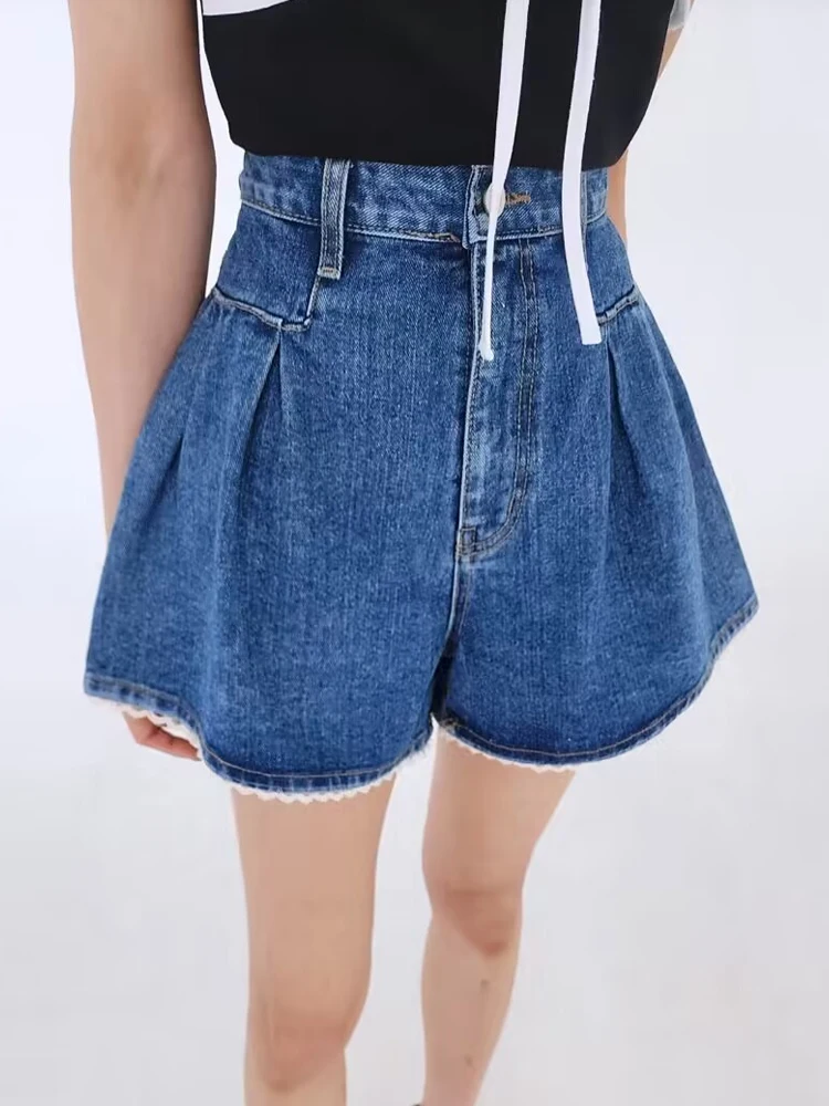 Celana Pendek Denim Wanita Model A-Line Pinggang Tinggi, Kasual, Multi-Fungsi, Aksen Renda, Potongan Lebar