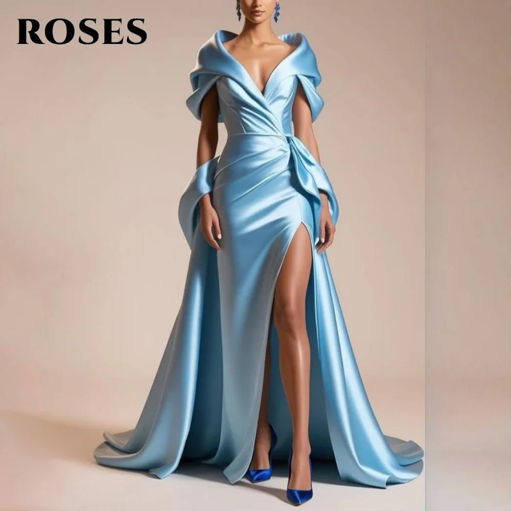 

ROSES Синее вечернее платье с v-образным вырезом и открытыми плечами, атласное платье для выпускного вечера с разрезом по бокам, вечернее вечернее платье со складками, robe de bal, по индивидуальному заказу
