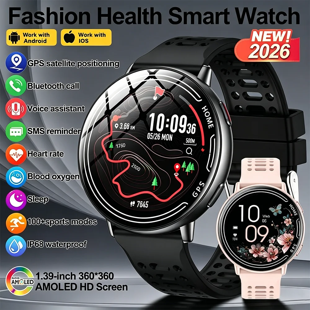 

Элегантные женские смарт-часы 2026 года, новые, с AMOLED-экраном 1.39'', Bluetooth-вызовами, измерением пульса, отслеживанием женского здоровья, водонепроницаемые IP68, модные часы