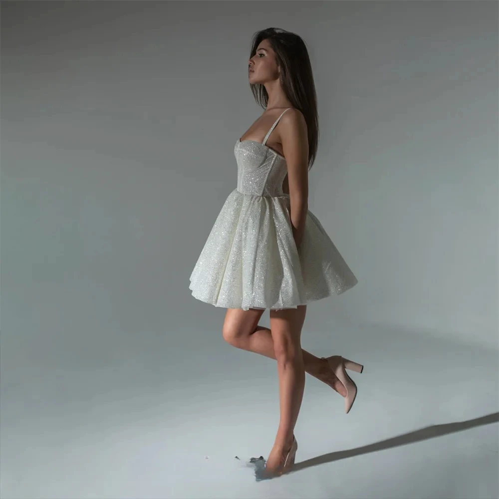 Glamorous Short Mini Wedding Dress Spaghetti Straps Shiny Lace Bridal Gown A Line Silhouette Party Reception Dress Customized