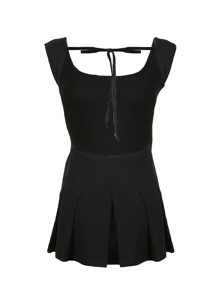 Hirigin-Vestido corto negro para mujer, minivestido Sexy sin mangas con Espalda descubierta, corte en A, liso, ajustado, para fiesta de verano