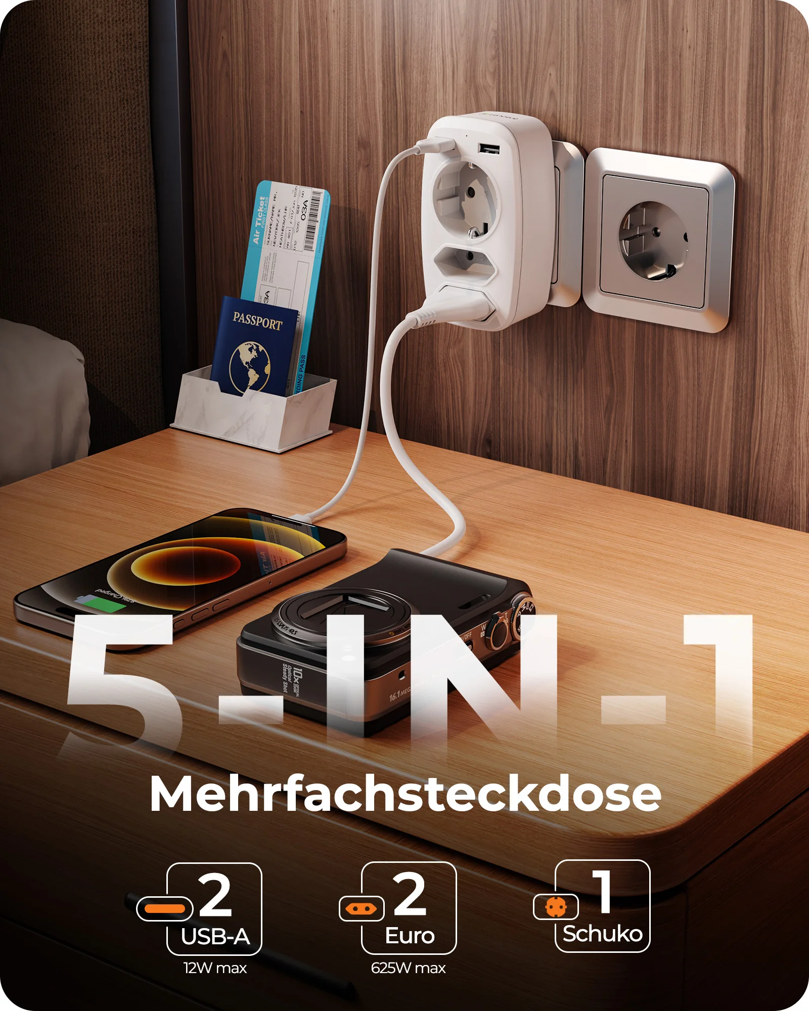 LENCENT EU Plug Multi Wall Socket with 3 USB Ports 2 Schuko Plugs 1 EU Plug 5V 2.4A  Adapter Overload Protection for Home/Office