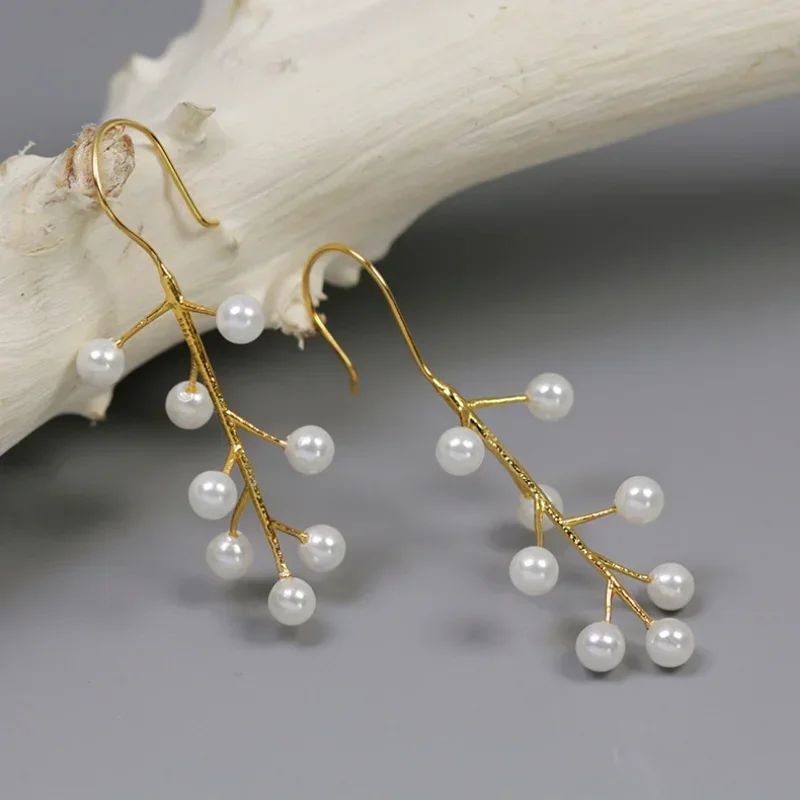 INATURE 925 Sterling Silver Handmade Fine Jewelry Natural Pearl Fruit on Branch Drop Earrings for Women