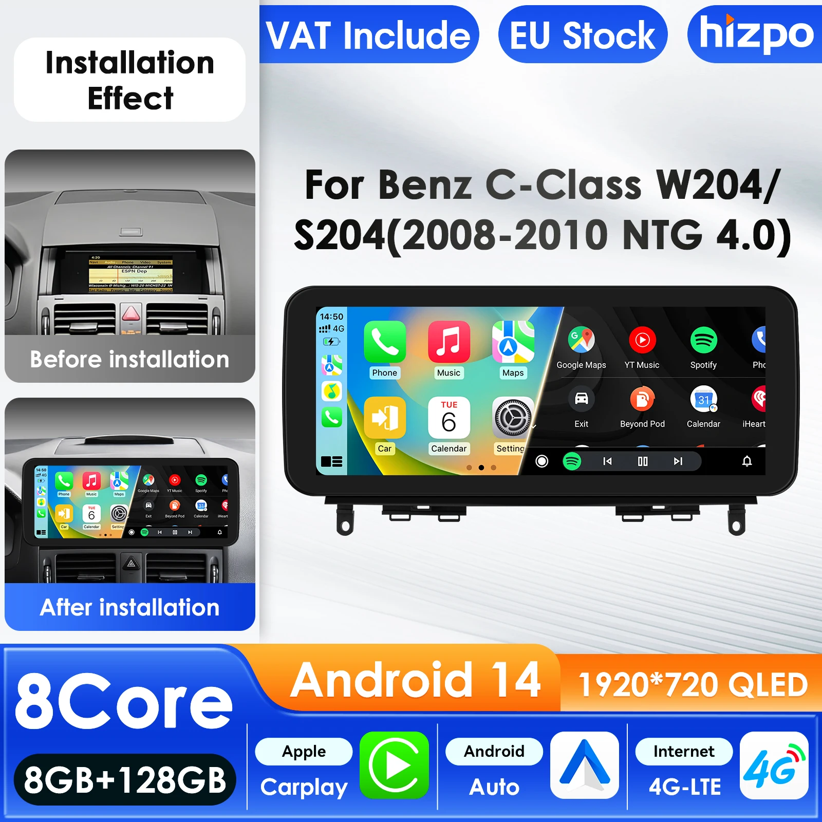 10.25 "écran Carplay 4G autoradio Android pour Mercedes Benz classe C W204 S204 2008-2010 NTG 4.0 lecteur multimédia GPS BT stéréo