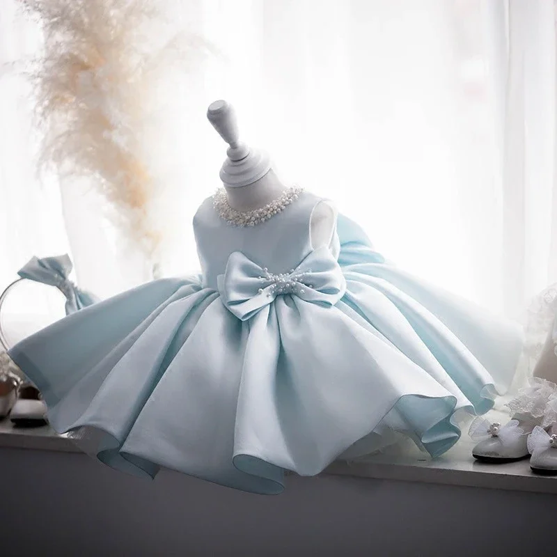 Customized Elegant Solid Beading Girls Birthday Gowns Bow O-Neck Ball Gown Flower Girl Dress Korean Princess Junior Bridesmaid D