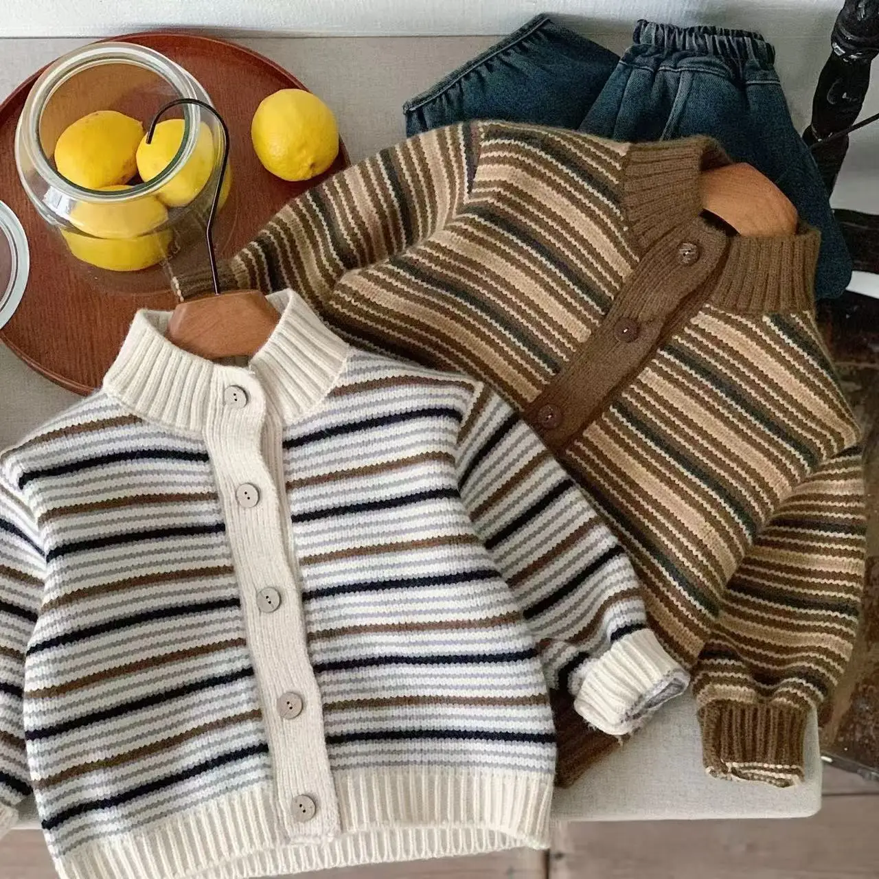 

Children's Sweater Jacket Spring and Autumn Boys' Round Neck Top New Boys Baby Knitted Sweater Striped Thin Cardigan 80-150CM