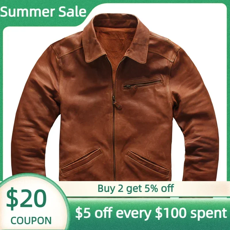 2024 Light Brown American Casual Style Genuine Leather Jacket Men Plus Size 4XL Real Natural Sheepskin Autumn Slim Fit Coat
