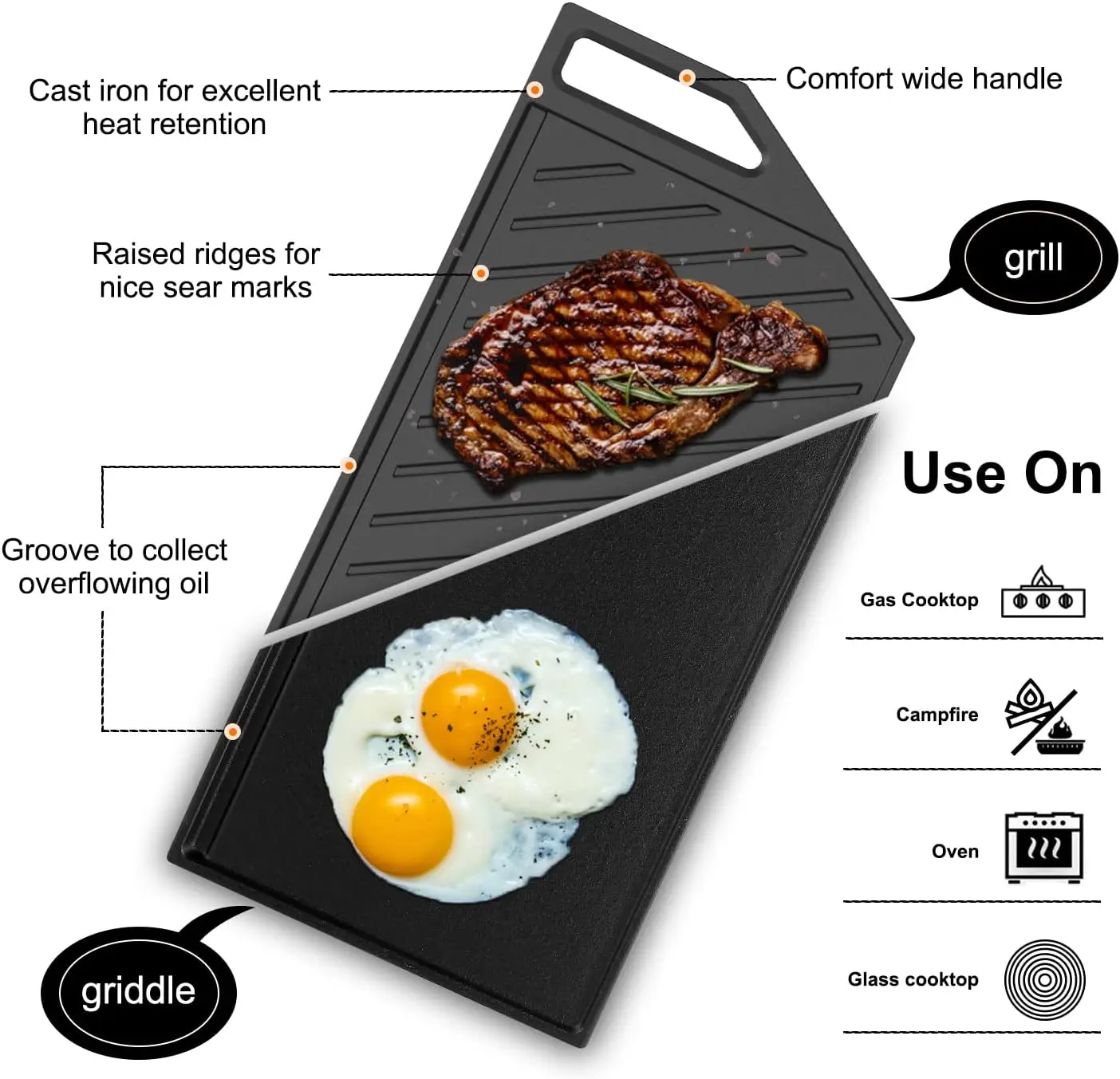 30 Inch Gas Cooktop with Griddle Black, GASLAND Chef PRO GH3305EF Gas Stovetop with 5 Burners, Reversible Cast Iron Grill