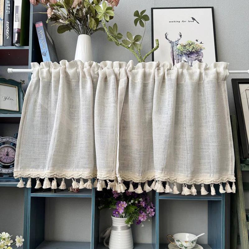 

Linen Short Kitchen Curtains with Tassel Lace Trim Farmhouse Cafe Curtains for Sink Cabinet Bedroom Home Decor Window Valance